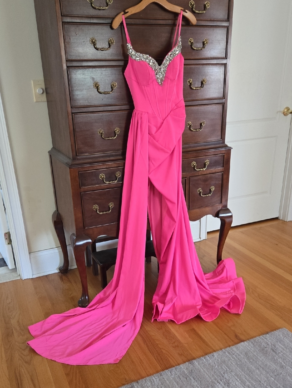 Portia and Scarlett Hot Pink Beaded Sweetheart Neckline Gown